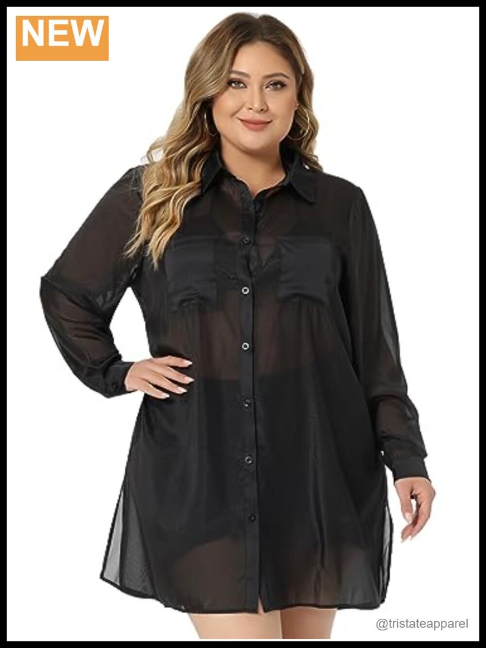 Plus Size Sheer Long Sleeve Button Down Blouse with Chest Pockets & Side Slit